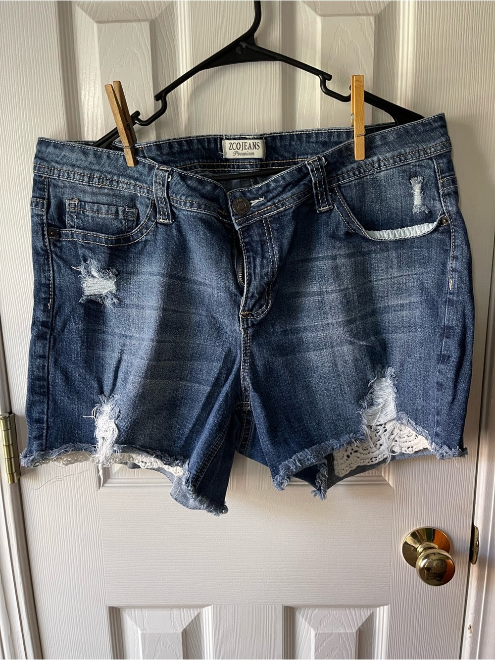 Women's Dark Blue Distressed Denim Shorts with Lace Trim